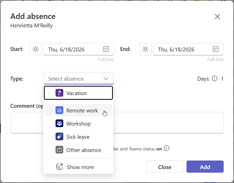 Create remote work entry form in Team Absence inside Microsoft Teams