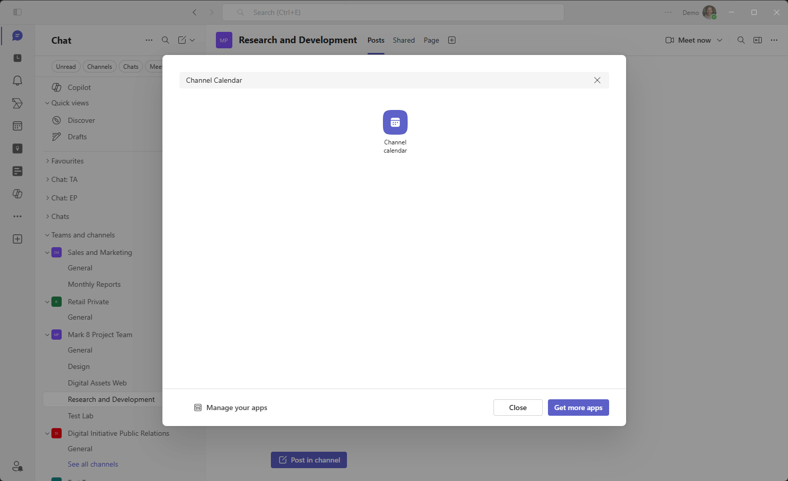 Dialog in Microsoft Teams for adding the Channel Calendar app to a channel