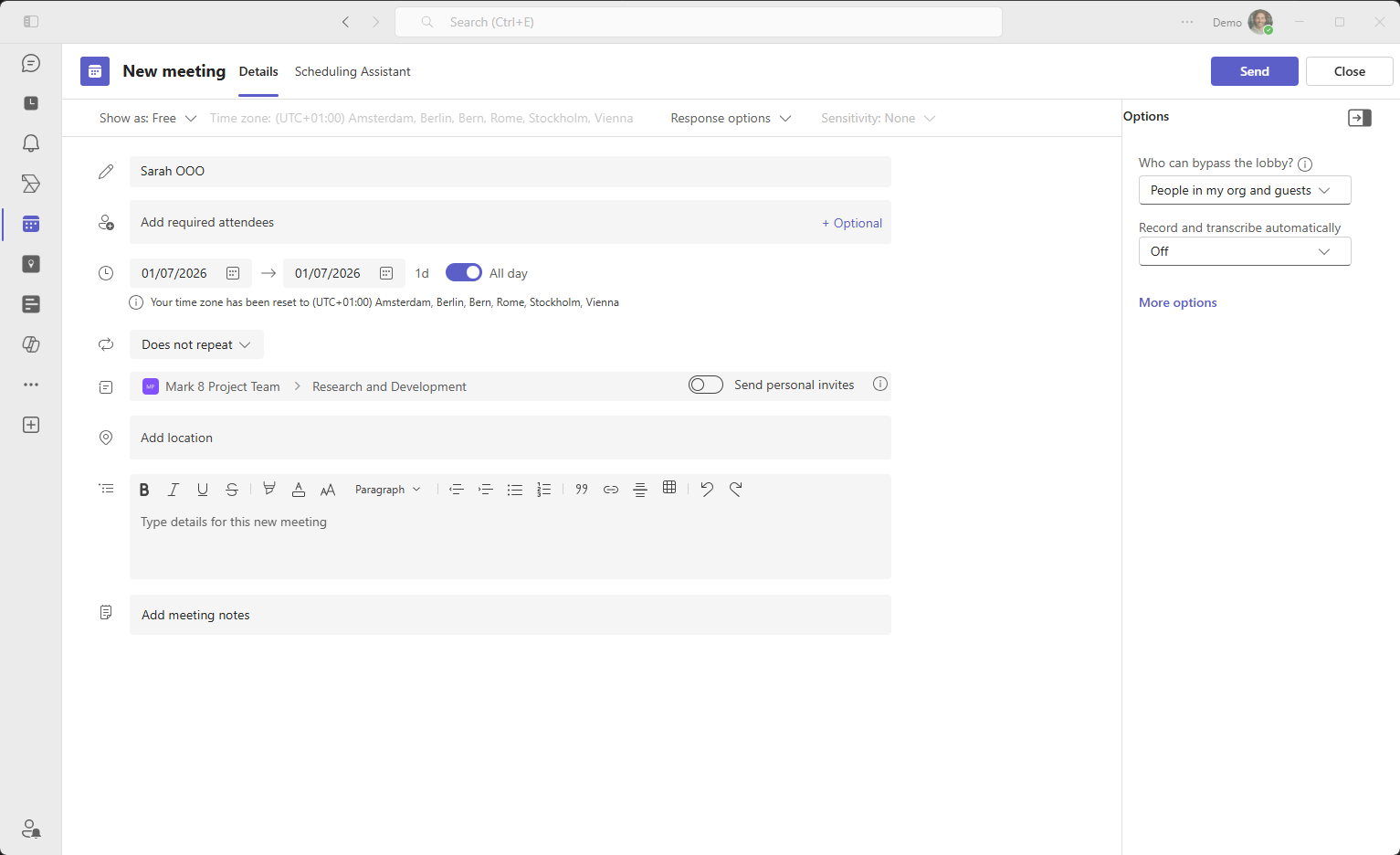 Dialog in Microsoft Teams for creating an event in a Channel Calendar