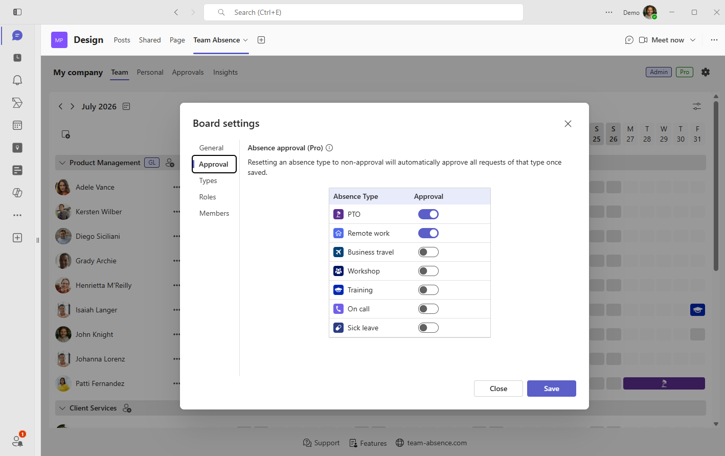Enable approvals per absence type