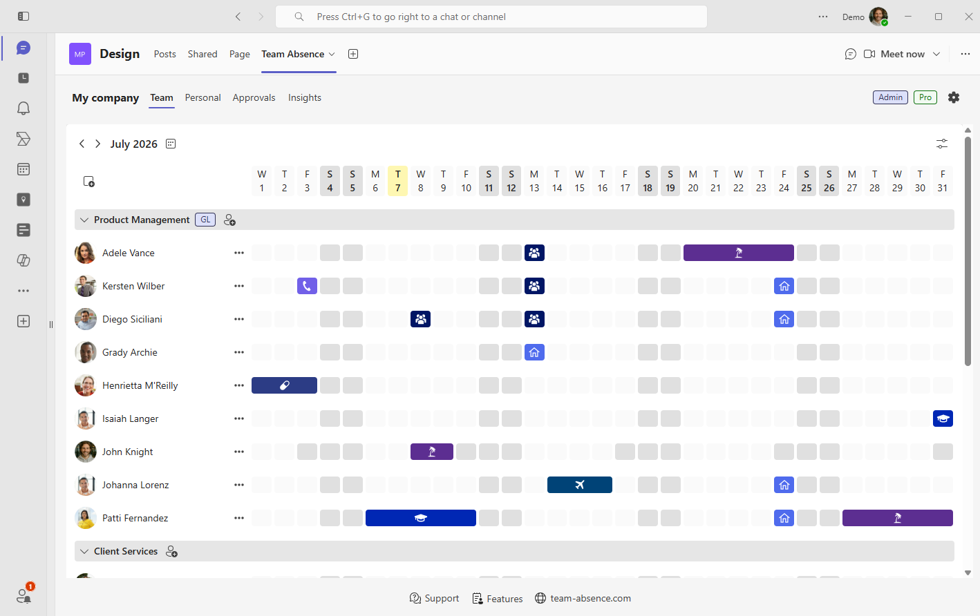 Team Absence team calendar with PTO request status