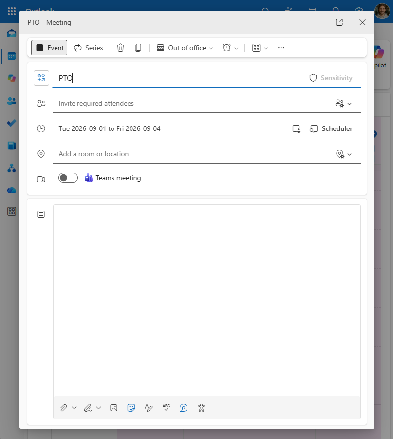 New Outlook personal PTO event with availability set to Out of Office