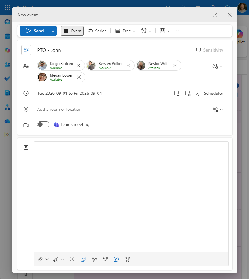 New Outlook team event titled PTO - John with coworkers invited and availability set to Free