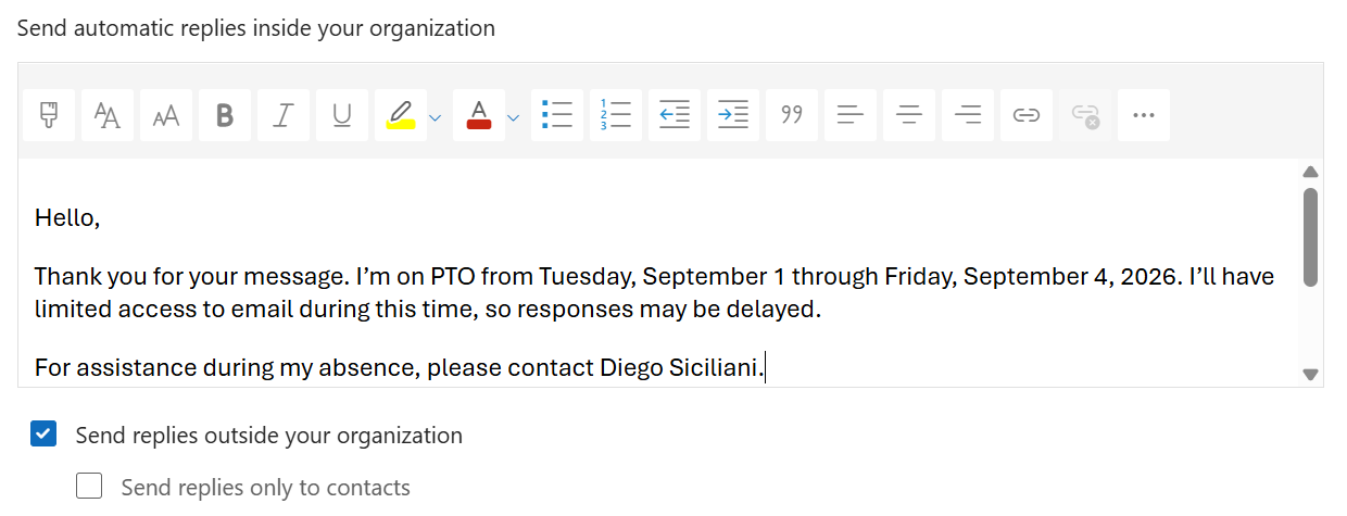 Example Outlook automatic reply stating PTO dates, limited email access, and an alternative contact