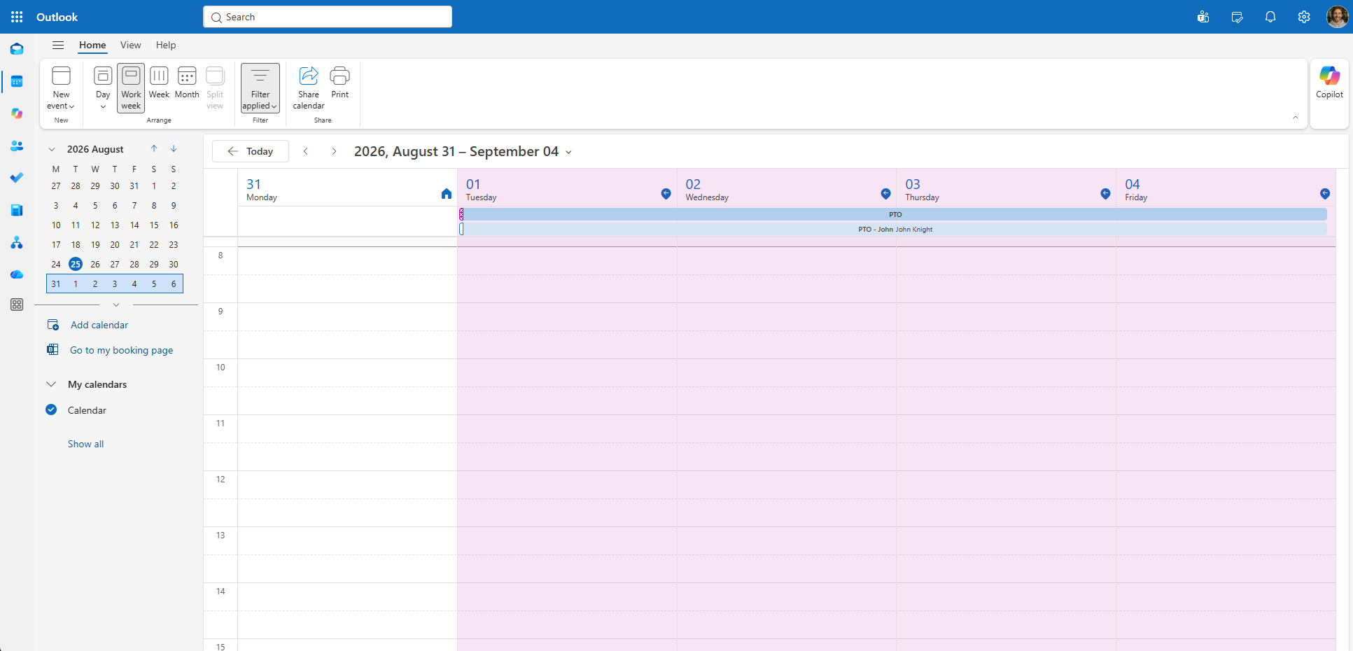 Outlook work week calendar showing a personal PTO event and a named PTO team event