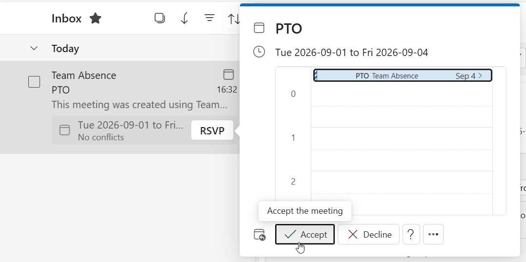 Outlook meeting invitation email from Team Absence for PTO with dates and an Accept action