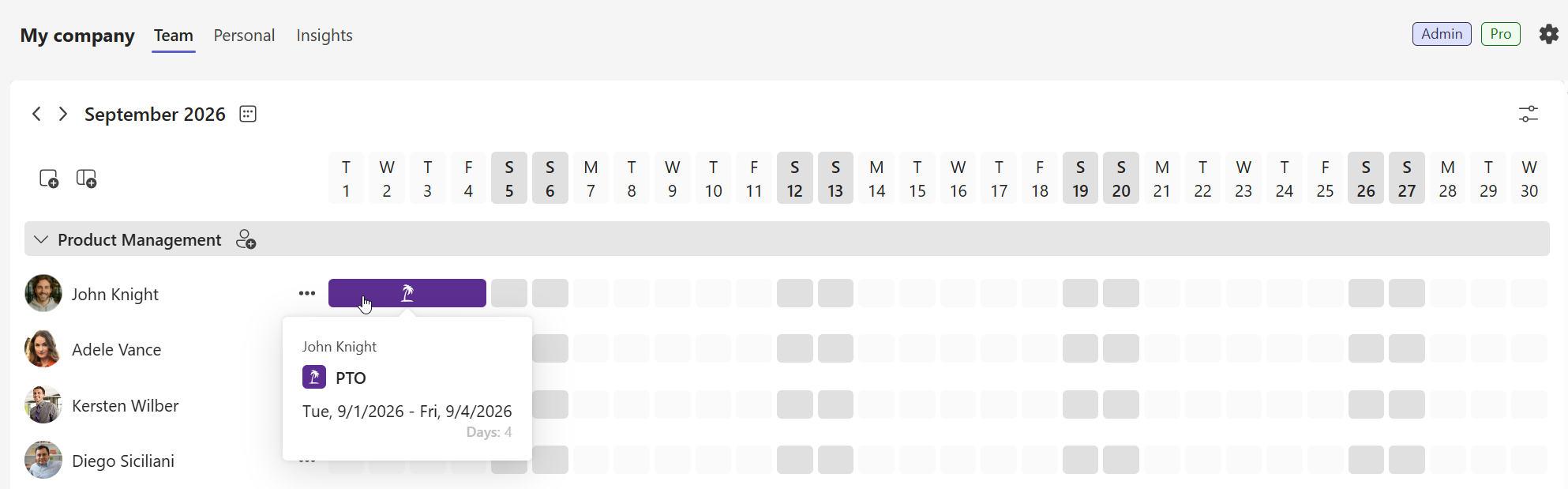 Team Absence calendar overview in Microsoft Teams showing planned absences across the team