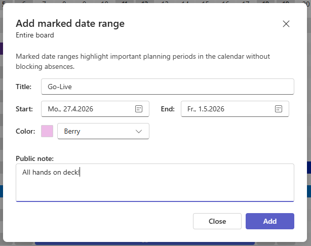 Mark date range dialog in Team Absence showing a customer go-live period