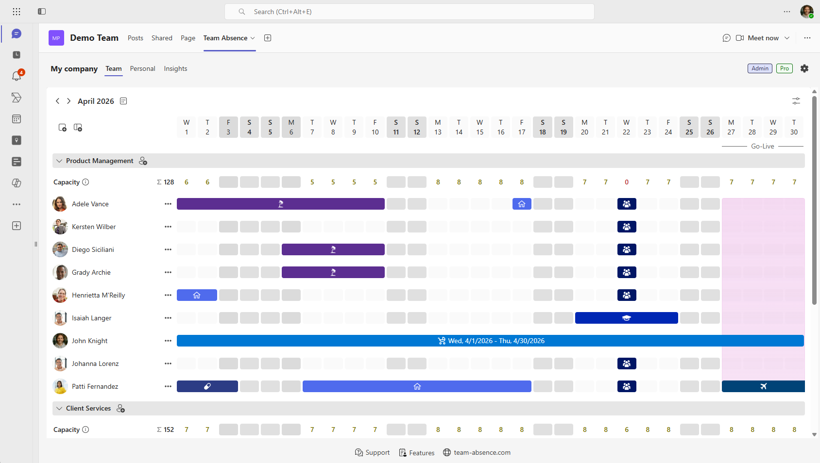 Team Absence calendar and capacity overview for resource planning in Microsoft Teams